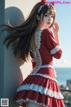 A woman in a red and white dress leaning against a wall.