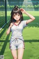 A girl standing in front of a soccer field.