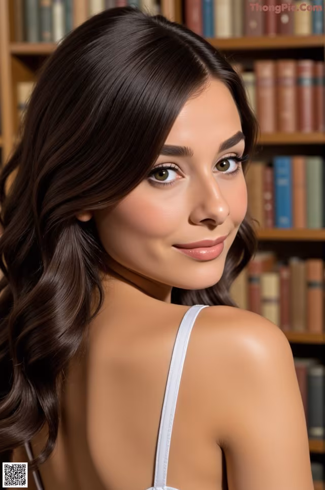 A woman with long brown hair standing in front of a bookshelf.