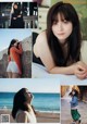 A collage of photos of a woman leaning against a wall.