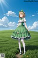 A girl in a green dress standing in a field.