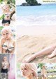 A collage of photos of a woman in a bikini on the beach.